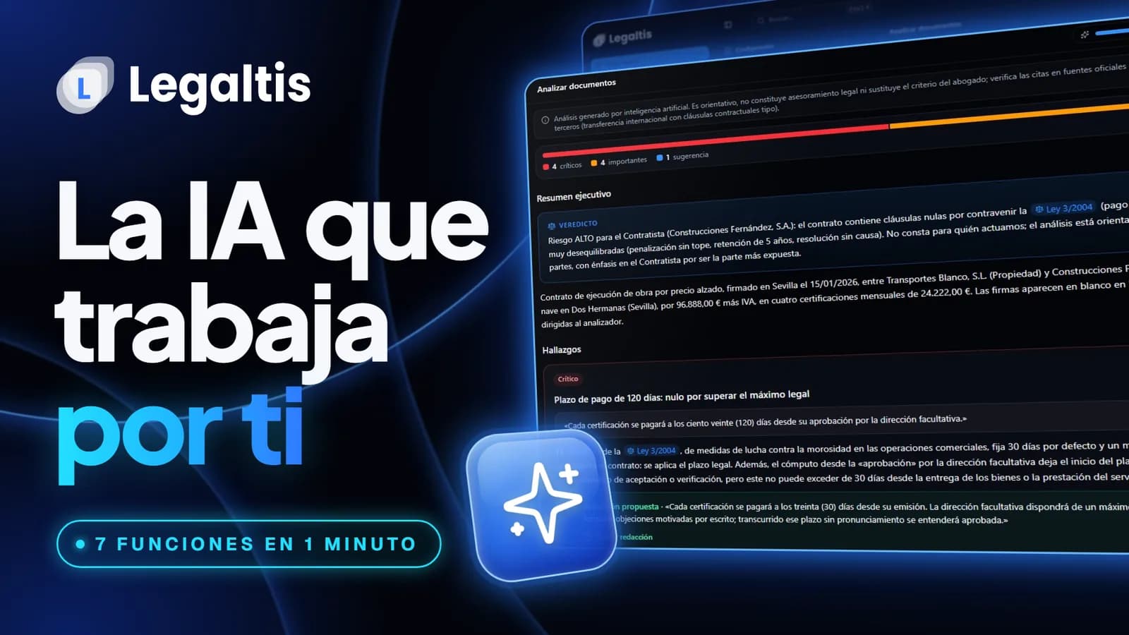 Analizador de documentos de Legaltis con los riesgos detectados en un contrato, junto al título La IA que trabaja por ti