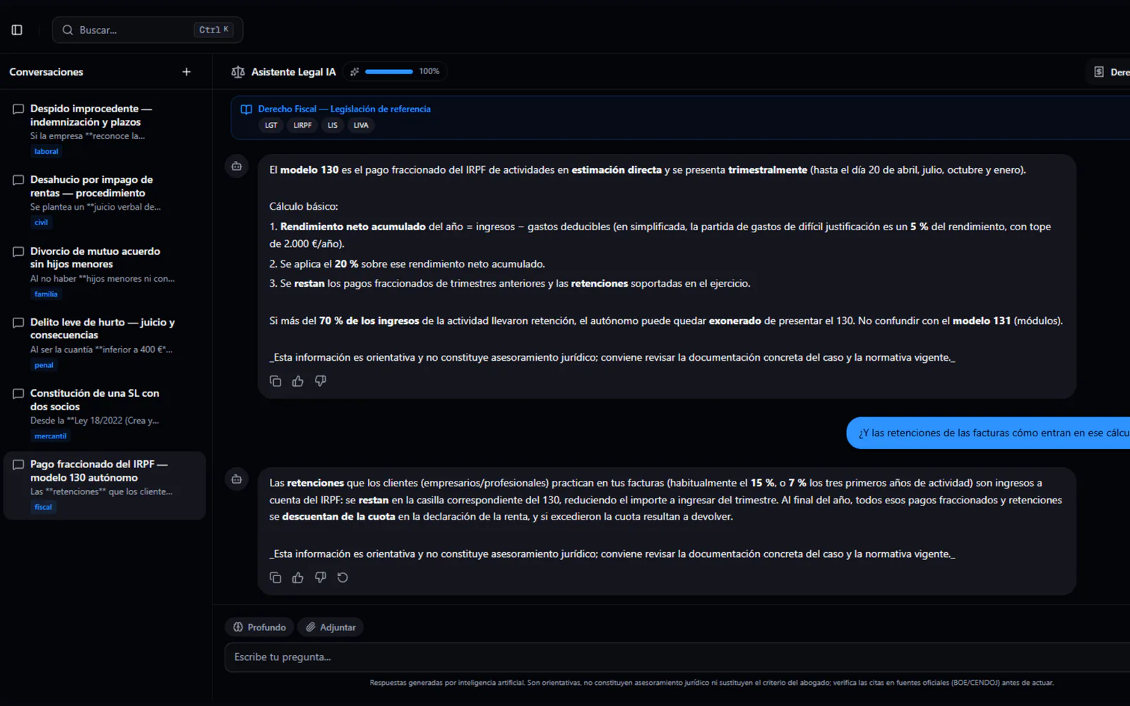 Asistente de IA jurídico de Legaltis respondiendo sobre plazos procesales y normativa con cita de fuentes y herramientas integradas